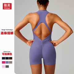 跨境高强度运动美背瑜伽连体服拉链裸感紧身连体短裤健身服女8594