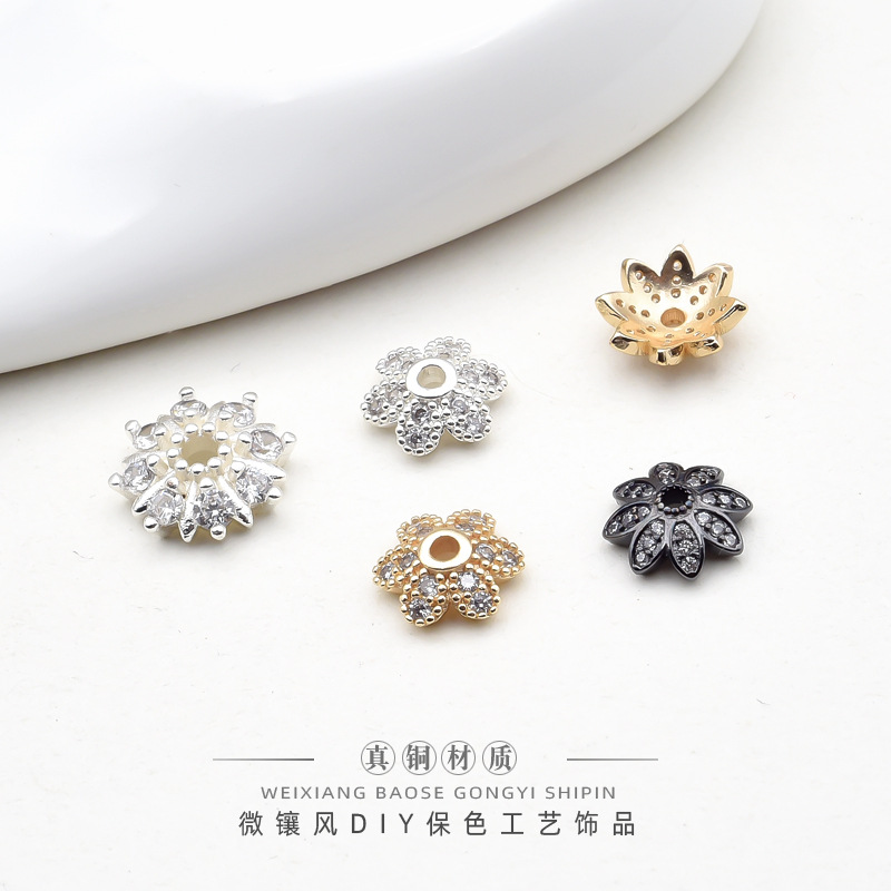 14K金色微镶花托银色镂空花帽隔珠手链串珠diy饰品配件水晶配饰