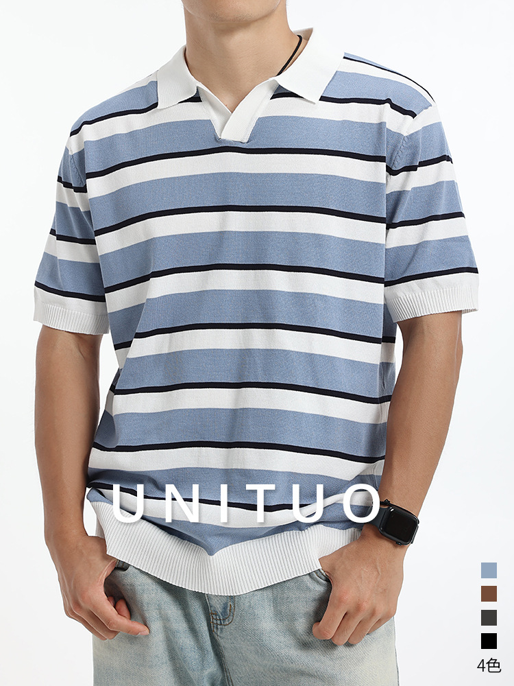 Europa y Estados Unidos transfronterizos hielo de punto polo camiseta de hombre de alto nivel de negocios ocio rayas de verano de manga corta camiseta