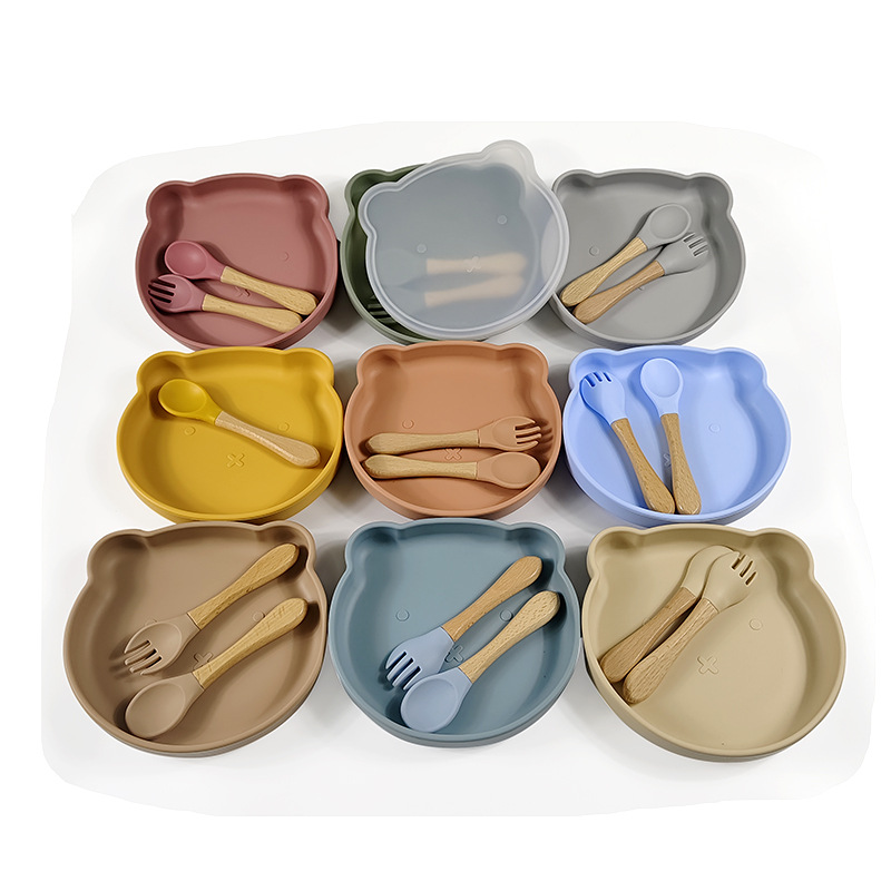 Oso de dibujos animados plato con cubierta de polvo plato de cena infantil bebé vajilla lechón comida complementaria infantil plato de cena de silicona