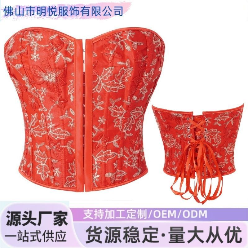 European and American Style Red Embroidered Strapless Corset with Front Clasp, Back Tie, Slimming Back Design, Waist-Revealing Bustier Shapewear