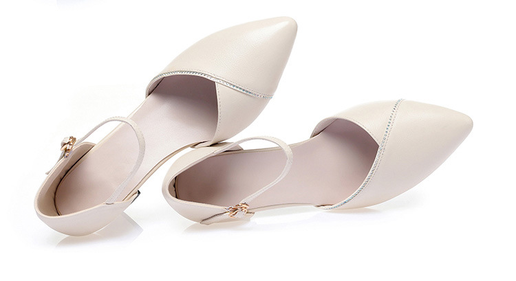 Sandal quai ngang da thật gót vuông mũi nhọn cho nữ, giày cao gót hở mũi kiểu dáng sang trọng — Màu be chi tiết 25