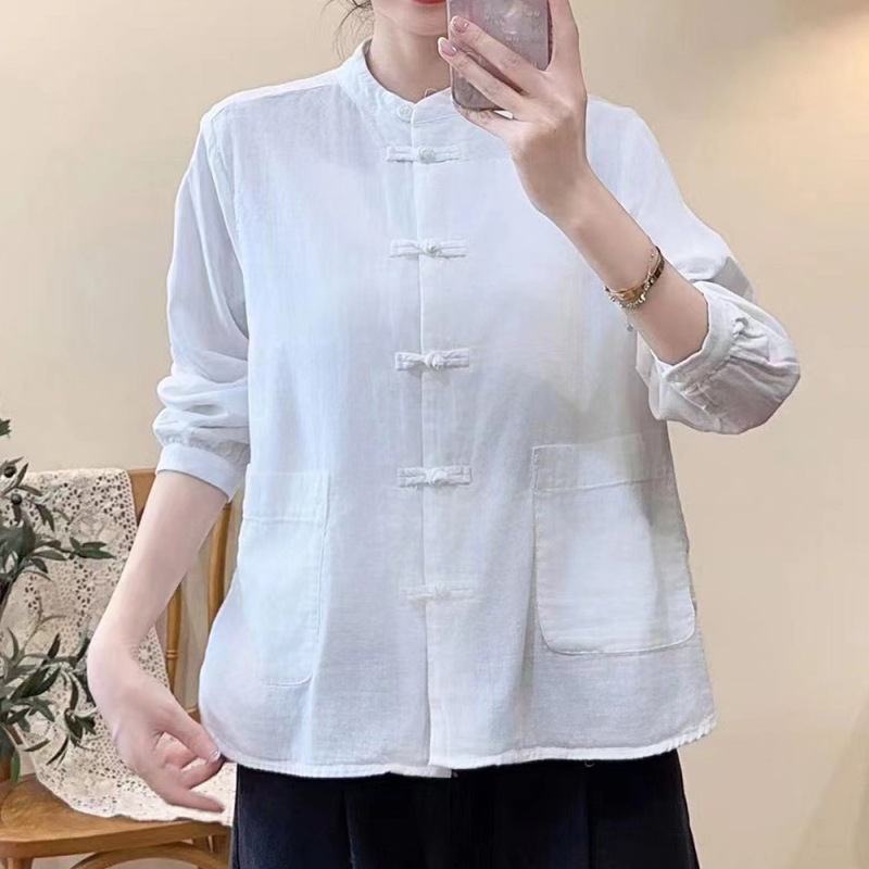 新中式盘扣双层棉纱衬衫外套女新款文艺禅意茶服宽松长袖上衣外套|undefined