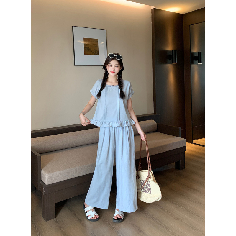 2025夏装新款胖mm大码女甜美减龄飞飞袖木耳边短袖阔腿裤套装|undefined