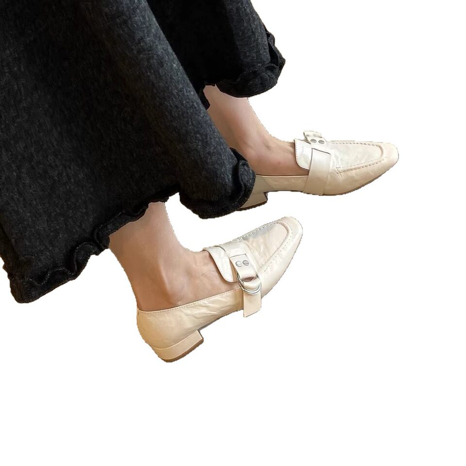 Giày lười nữ da bò mũi vuông khóa kim loại, gót 3 cm — Màu nâu (3cm) có sẵn, Màu đen (3cm) có sẵn, Trắng (3cm) có sẵn
