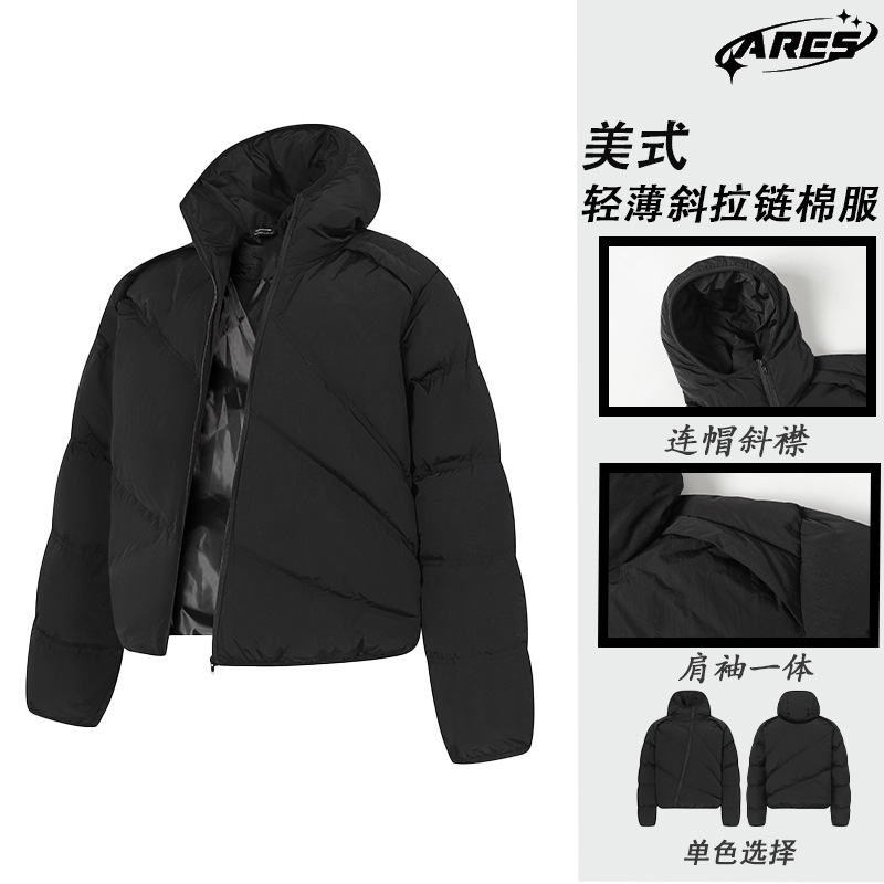 ARES American-style lightweight slanted zipper cotton-padded jacket, functional and warm winter cotton-padded coat, retro style for men.
