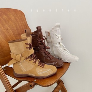 2025 Spring Retro Inner Heightening Martin Boots Women's Brown Boxing Boots Nubuck Leather Round Toe Lace-Up Sports Boots Short Boots