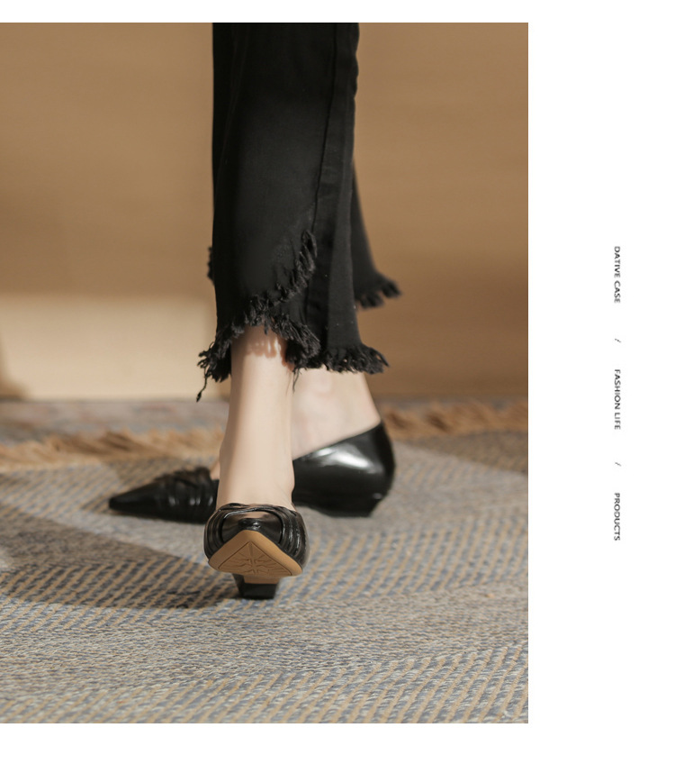 Giày cao gót nữ mũi nhọn gót wedge kiểu Pháp, gót thấp, miệng nông — màu đen chi tiết 16