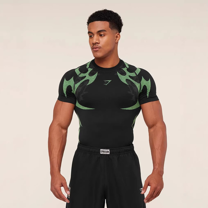 Gymsahrk Men's Tight-Fitting T-Shirt Fitness Quick-Drying Elastic Round Neck Short-Sleeved Cycling Training Compression T-Shirt Fitness Clothing