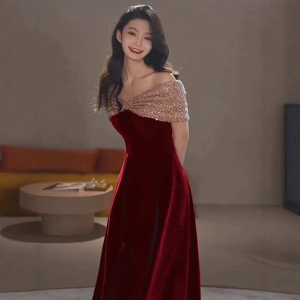 Evening dress burgundy, off‑shoulder French style, open shoulders, long formal gown