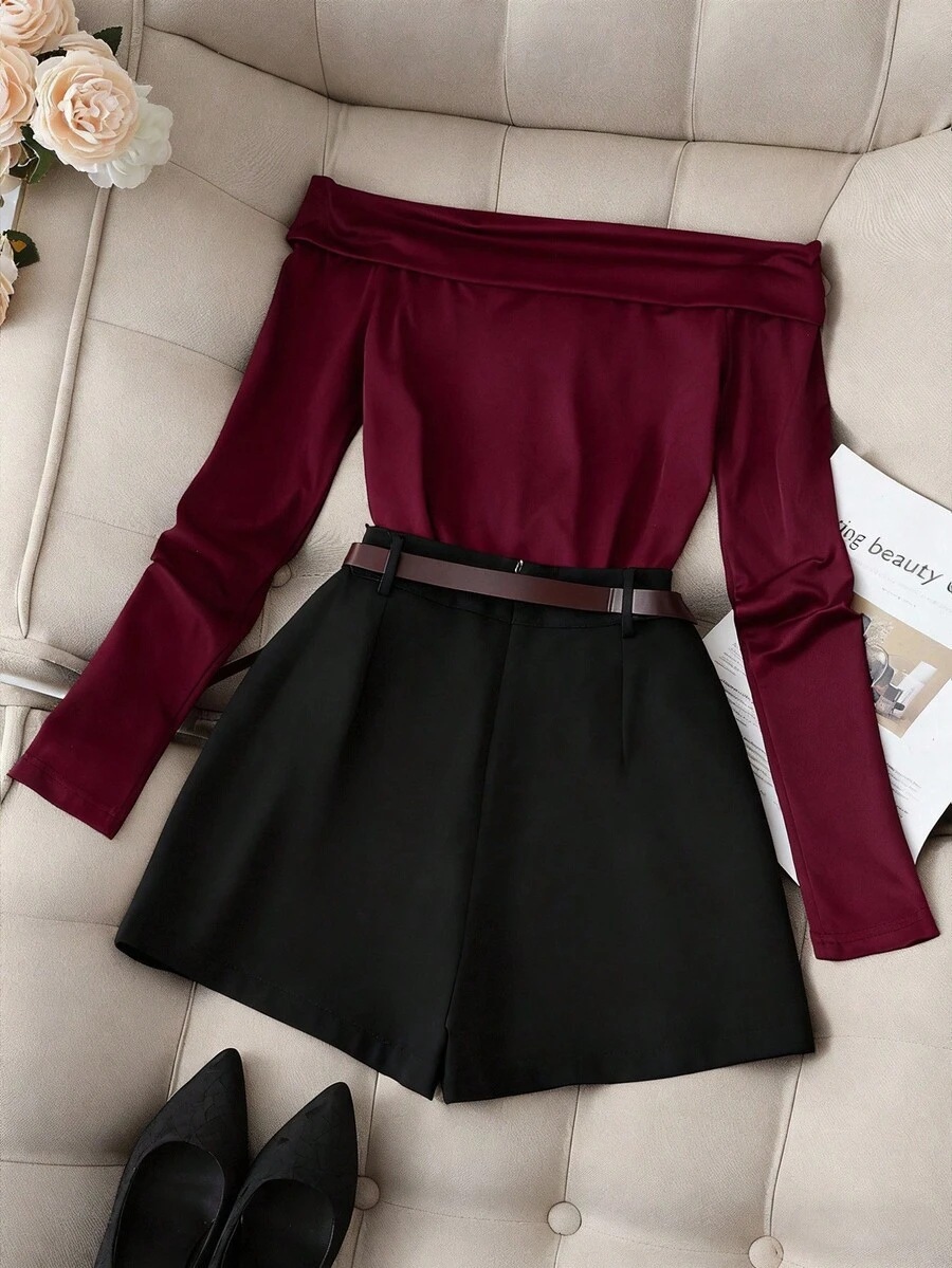 Women's Off-Shoulder Long Sleeve T-Shirt Shorts Skirt Set_ecoleips.com