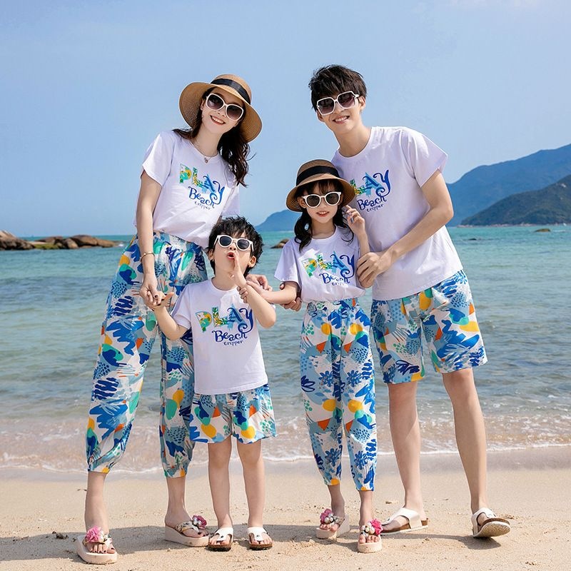 New summer beach and seaside mother-daughter dresses, matching family outfits, mosquito-proof pants, plus-size casual sets.