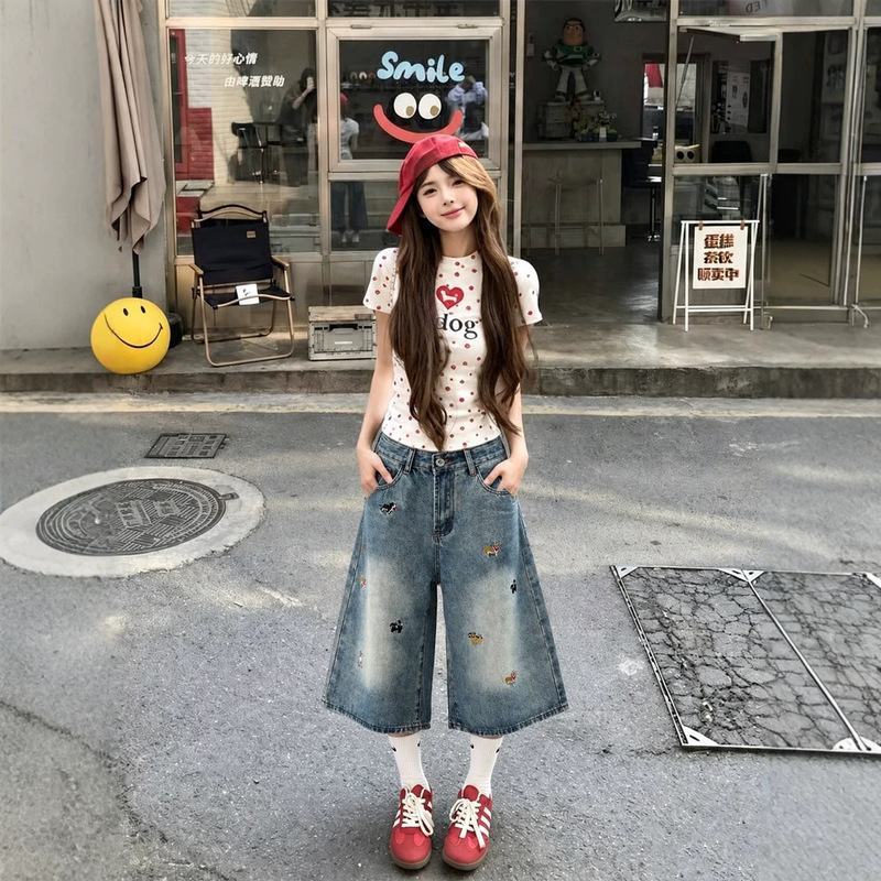 American-style puppy embroidery cropped denim shorts for women, summer thin loose casual straight wide-leg pants American-style puppy embroidery cropped denim shorts for women, summer thin loose casual straight wide-leg pants