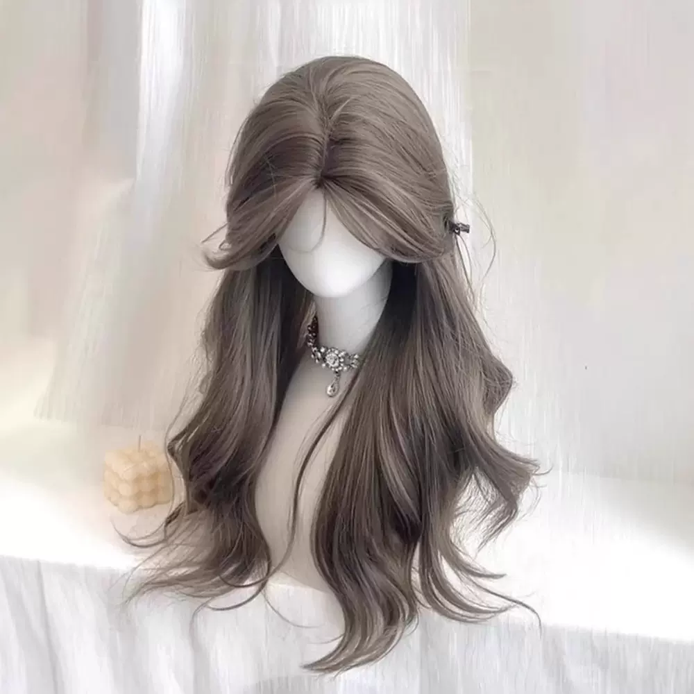 【跨境热销】薄荷米棕假发女长发中分刘海慵懒韩系长卷发全头套式