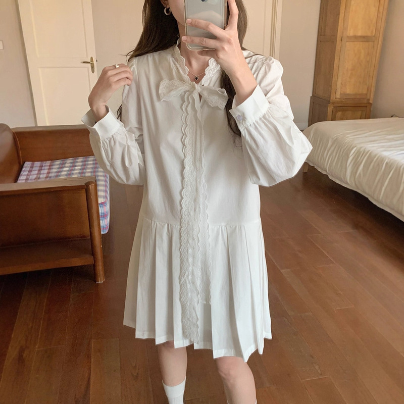实拍秋季新款法式甜美蕾丝拼接蝴蝶结绑带短裙百褶长袖白色连衣裙|undefined
