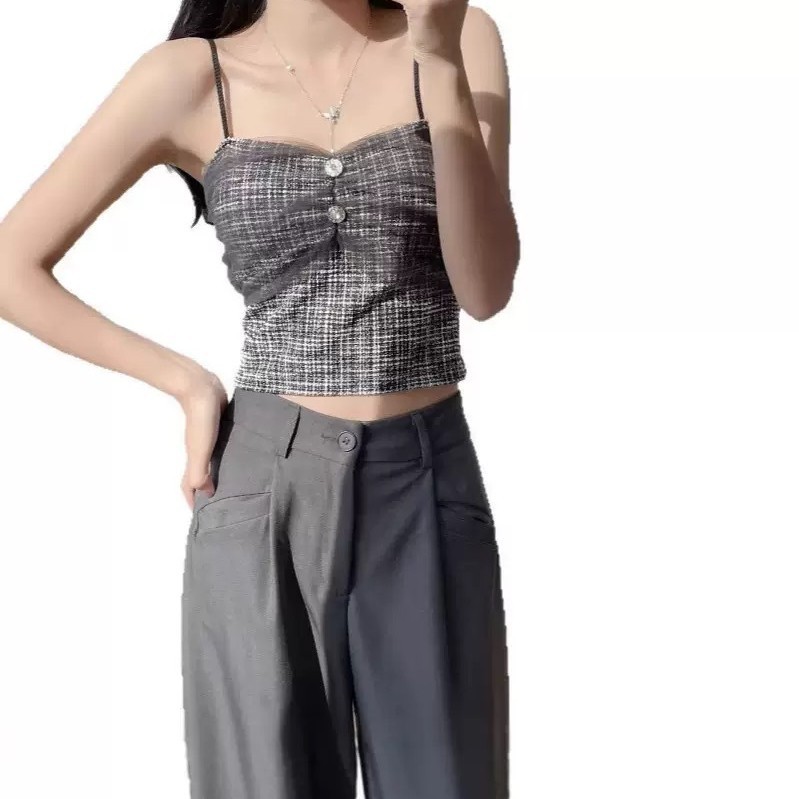 2025 primavera y verano nuevo temperamento mujer estilo malla plisada adornos de diamantes pequeños camisola moda femenina ropa exterior con almohadilla para el pecho