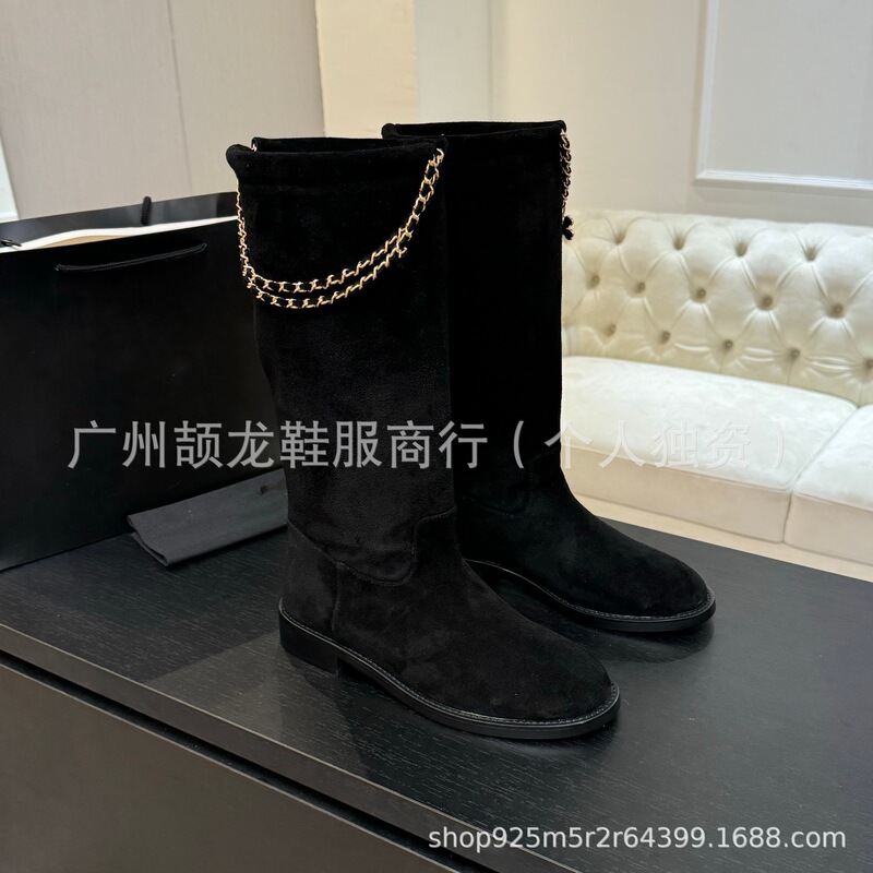 高端2025秋冬小香真皮圆头金属链条平跟套筒高筒骑士靴不过膝长靴|undefined