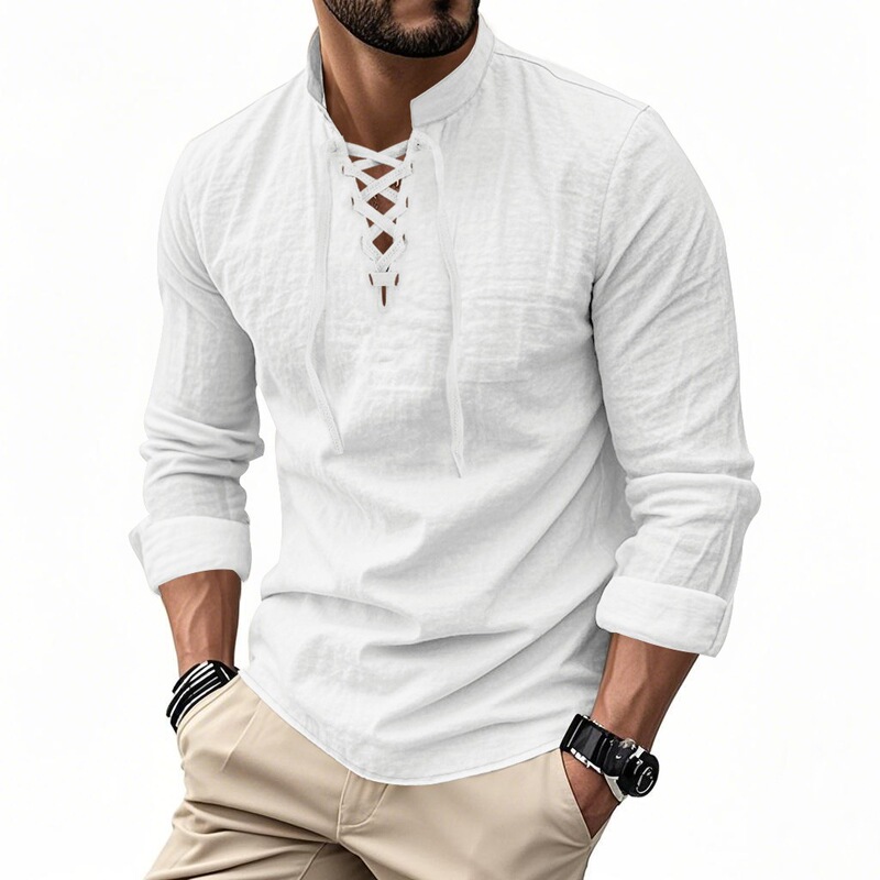Cross-Border Men's Long-Sleeved New European and American Cotton and Linen Henley Shirt, Hippie Casual Beach Stand-Up Collar Shirt, Solid Color, European Size