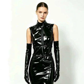 魅色新款欧美乳胶氨亮面无袖高领紧身裙MQ39舞台表演连体长裙束身