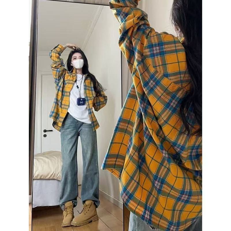 チェック柄シャツ女性 2025 春の新韓国ファッションガール小柄なレトロ長袖シャツカジュアルジャケット|undefined