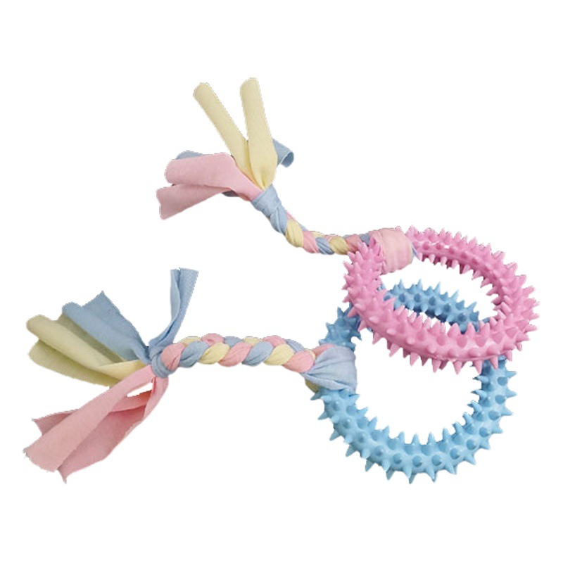 Transfronteriza nueva mascota TPR juguete mordedura resistente gato perro molar diente limpieza color algodón tira espina anillo fábrica al por mayor