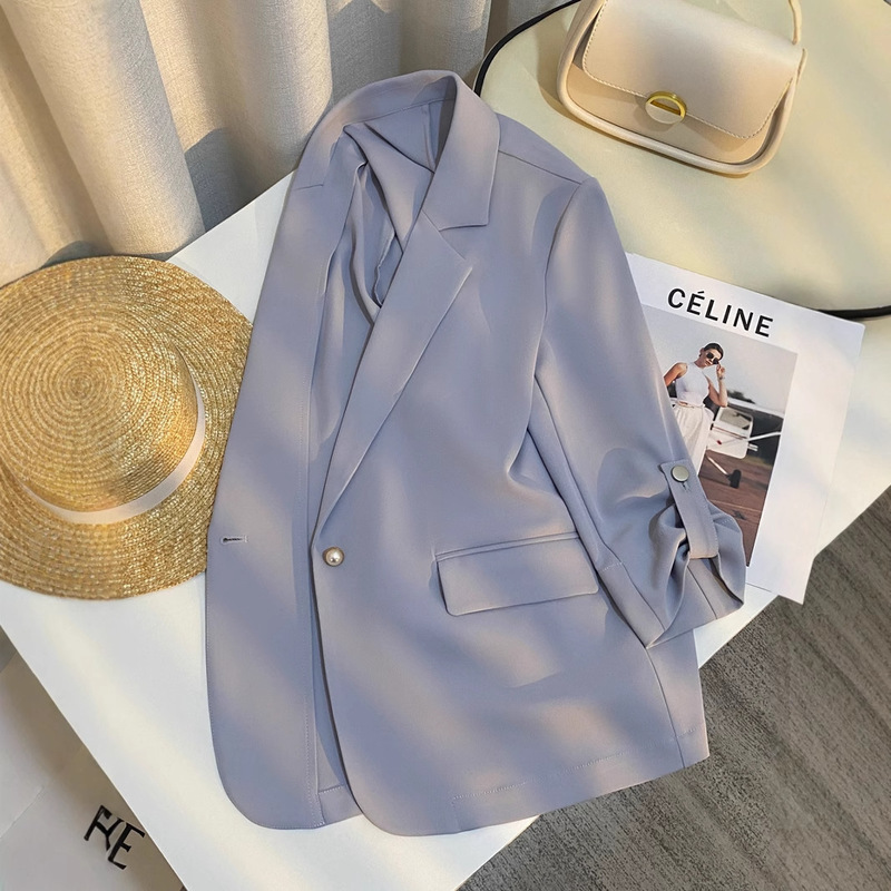 Summer Thin Gray Blue Suit Jacket for Women 2025 New Korean Style Fashion Design Elegant Casual Suit Top