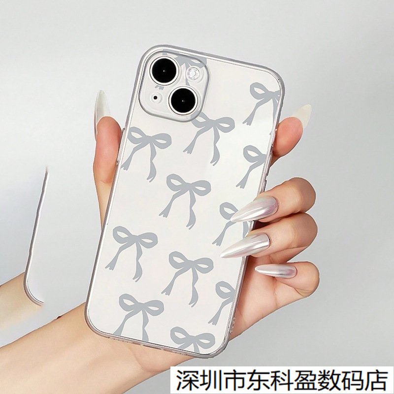 Ins Style Full Screen Gray Bow Suitable for Apple 17 Mobile Phone Case 15 Transparent 13Plus New Style 11 Anti-Fall 7