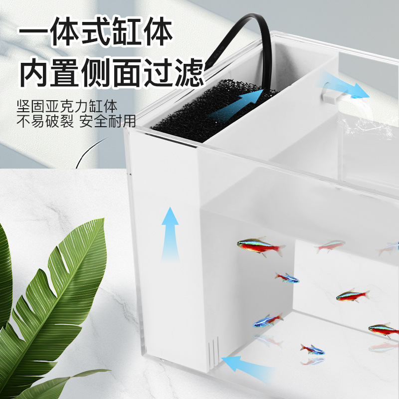 Pecera pequeña de plástico, sala de estar, escritorio de oficina, pecera, pecera de cubo, mini pecera doméstica rectangular, bomba de agua con luz