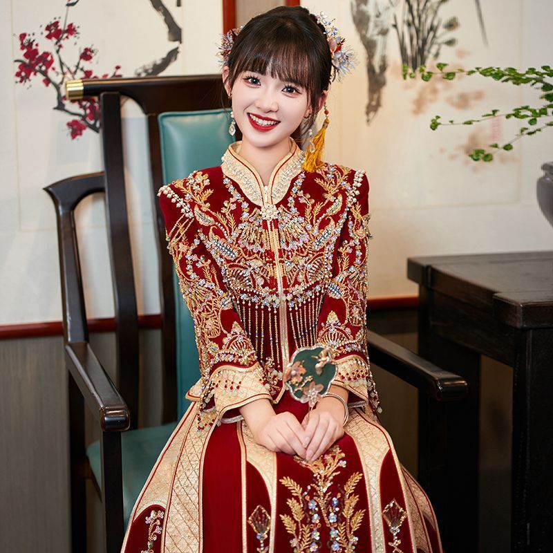 Xiuhefu 2025 新しい中国風の花嫁のウェディングドレス乾杯ドレスウェディングドレス重工業のウェディングドレス女性の春|undefined