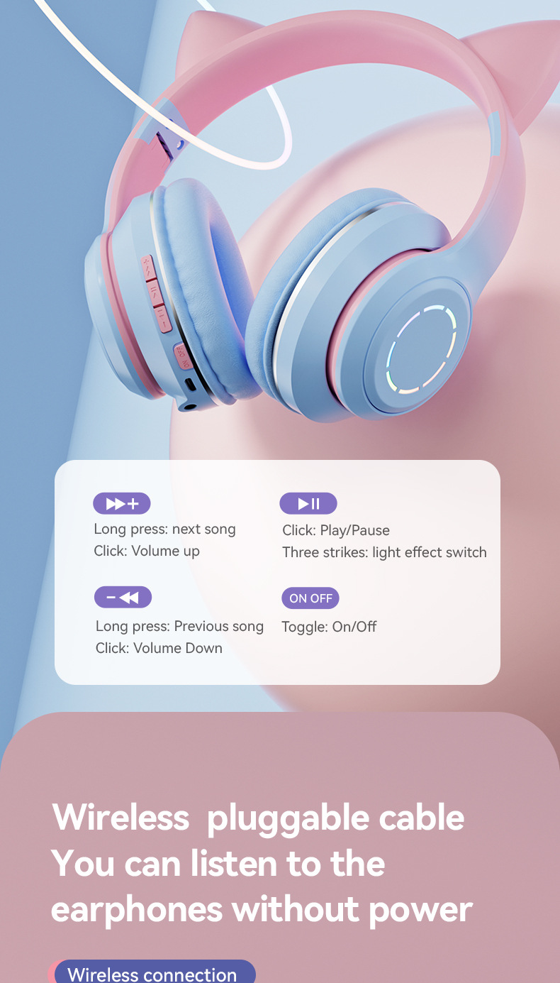 Stopniowe światło Kocie uszy (gotowany na parze chleb w kształcie kocich uszu) uroczy bezprzewodowy uniwersalny zestaw słuchawkowy Bluetooth_voghion.com
