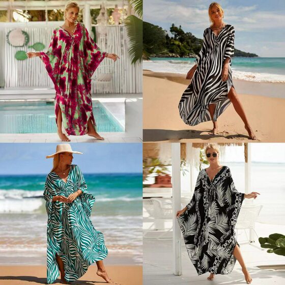 Cross-border European and American rayon bikini blouse coat hot spring swimsuit outfitting seaside beach skirt swimsuit shawl women