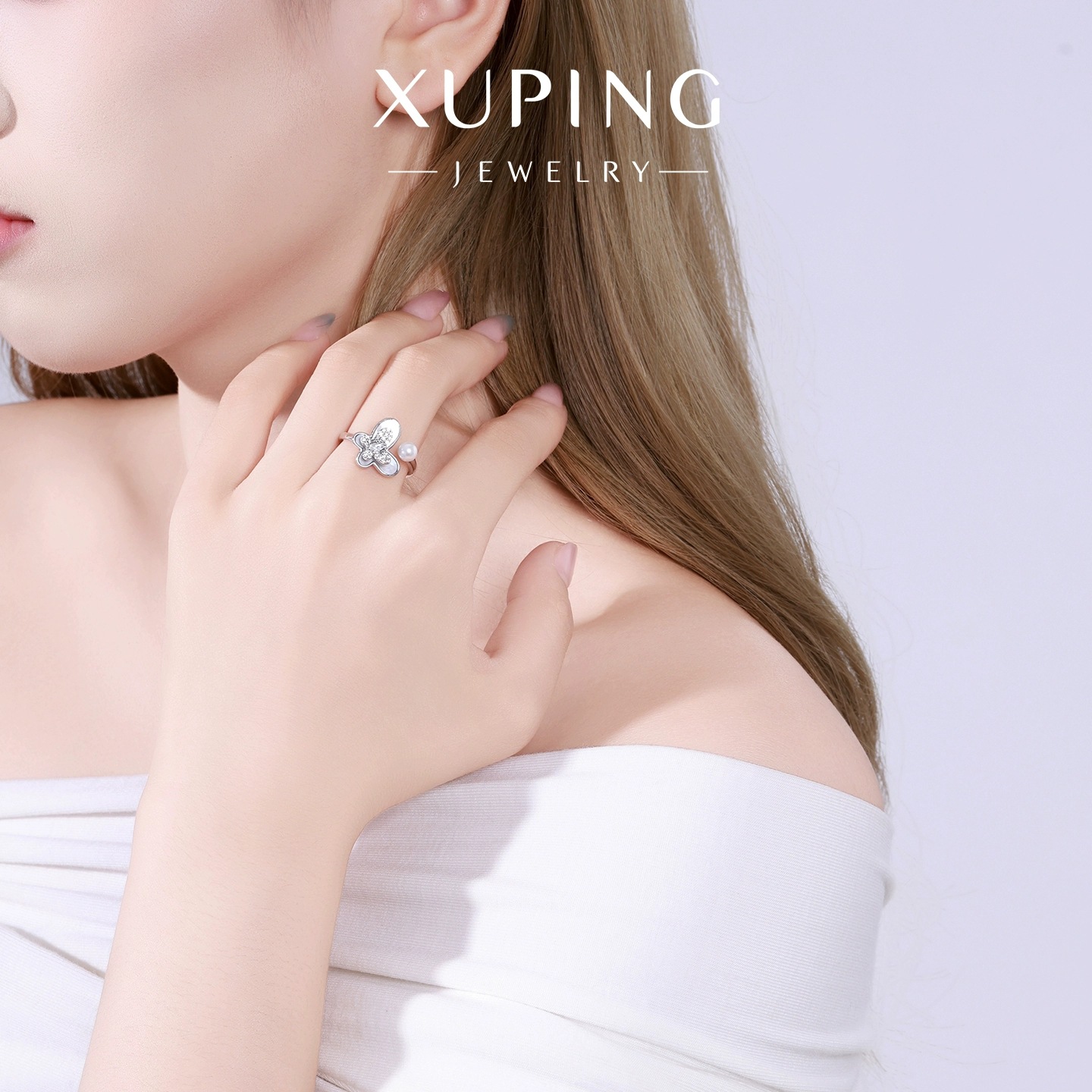 Xuping lujo ligero imitación de perlas gemas artificiales anillo de mariposa de doble capa temperamento nicho abierto anillo ajustable al por mayor
