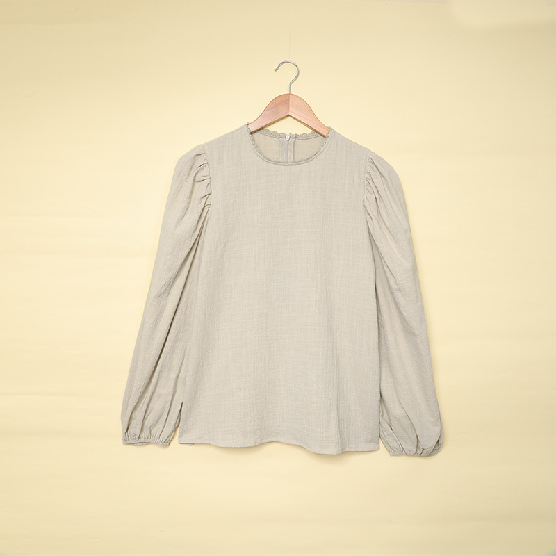 时颖跨境长袖T恤女秋冬欧美新款纯色圆领后领开衩休闲上衣女