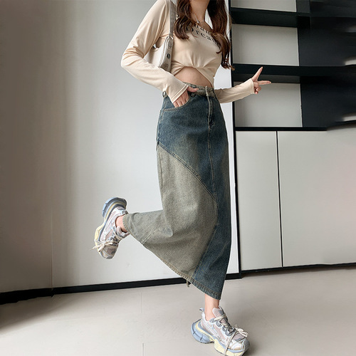 Design-sensitive niche patchwork color denim half skirt for women pear-shaped figure plus size high-waist slimming bum-miniskirt mid-length dress