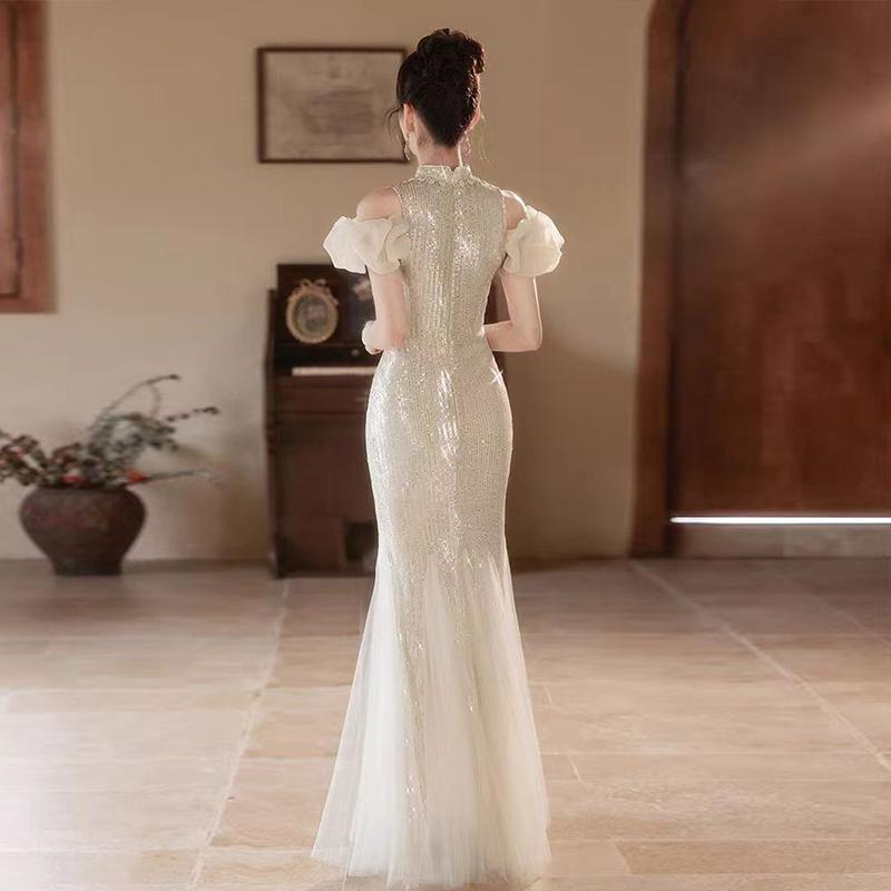 Vestido de noche de lujo ligero de gama alta 2025 nuevo nicho de ropa de banquete de la industria pesada, vestido de cola de pez de anfitrión de alto nivel image 5