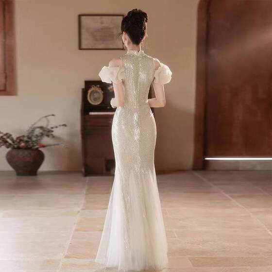 High-end Light Luxury Evening Dress 2025 New Niche Heavy Industry Banquet Performance Suit Senior Host Fishtail dress