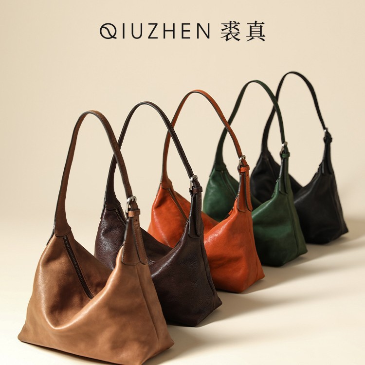 QiuZhen Vegetable-Tanned Cowhide Classic Hobo Bag - Versatile Casual Shoulder & Crossbody Commuter Dumpling Bag For Women