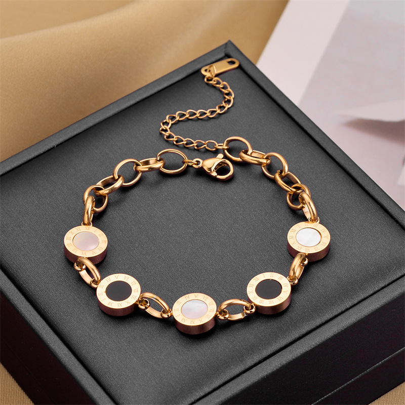 Titanium steel personality Roman black and white titanium steel bracelet female high end couple bracelet versatile stainless steel hand jewelry_senzul.com