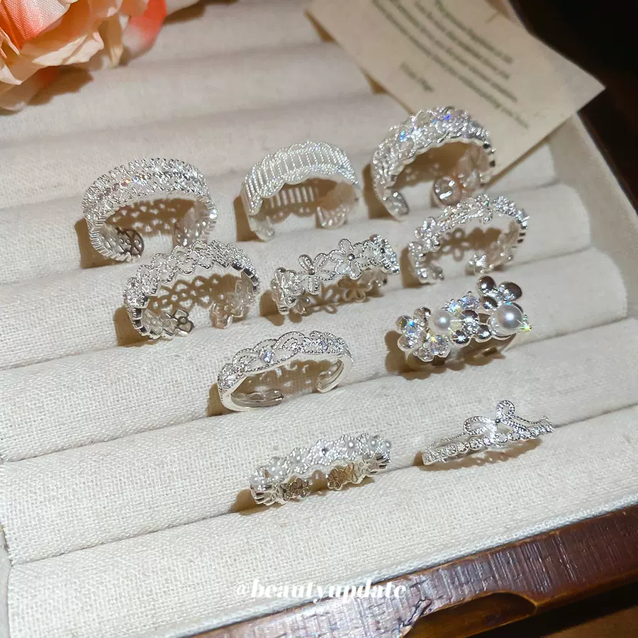 锆石蕾丝镂空花朵蝴蝶结戒指时尚优雅气质食指戒轻奢高级感指环女