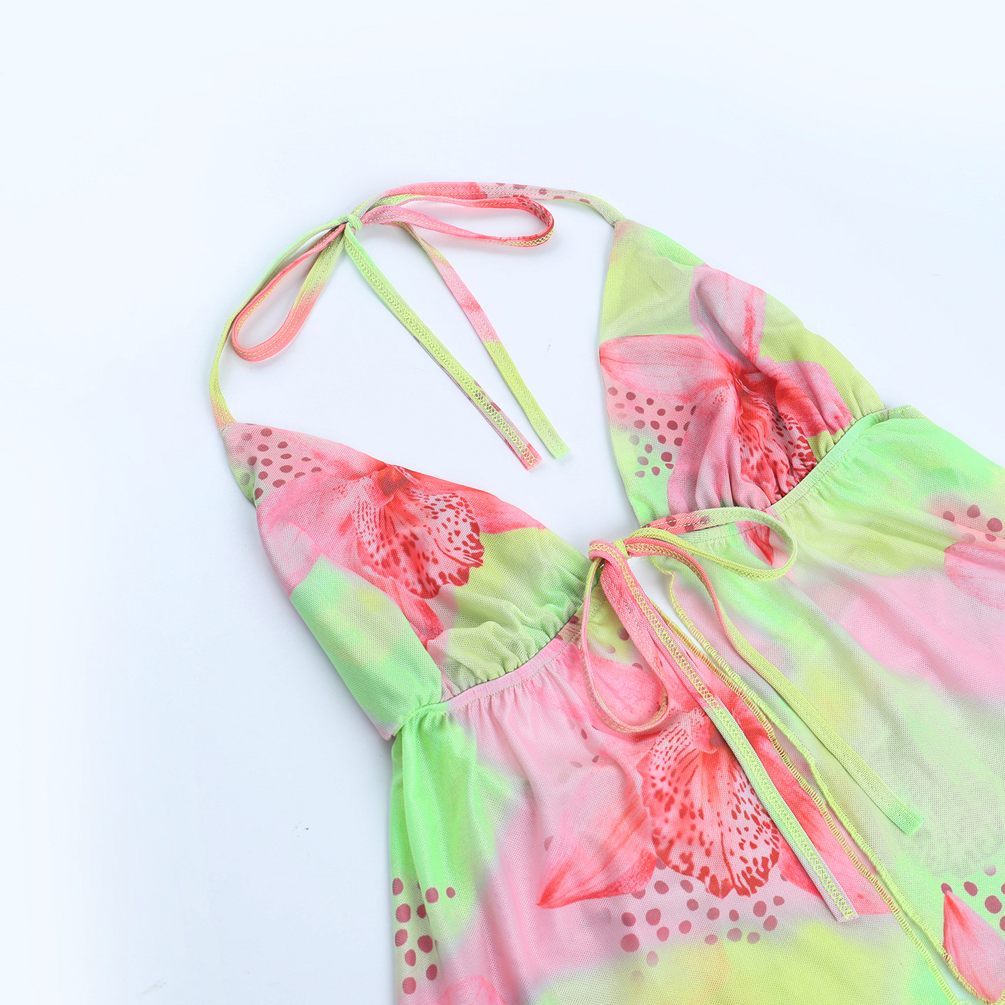Summer Seaside Vacation Printing Color Contrast Lace up Halterneck Hollow Out Cutout Camisole Women