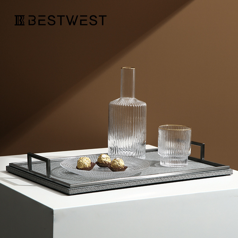 (2개) BOSSI 홈 그레이 가죽 트레이 식탁 수납 플레이트 라이트 럭셔리 크리에이티브 스토리지 플레이트 고급 가죽 쥬얼리 플레이트