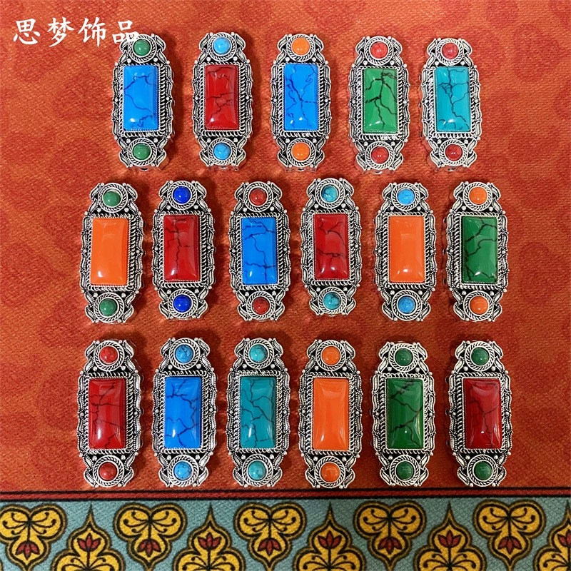 Монгольский Тибетский меньшинства старинные сплава инкрустированные Имитация Бирюзовый аксессуары ожерелье кулон длинный головной убор SM6224