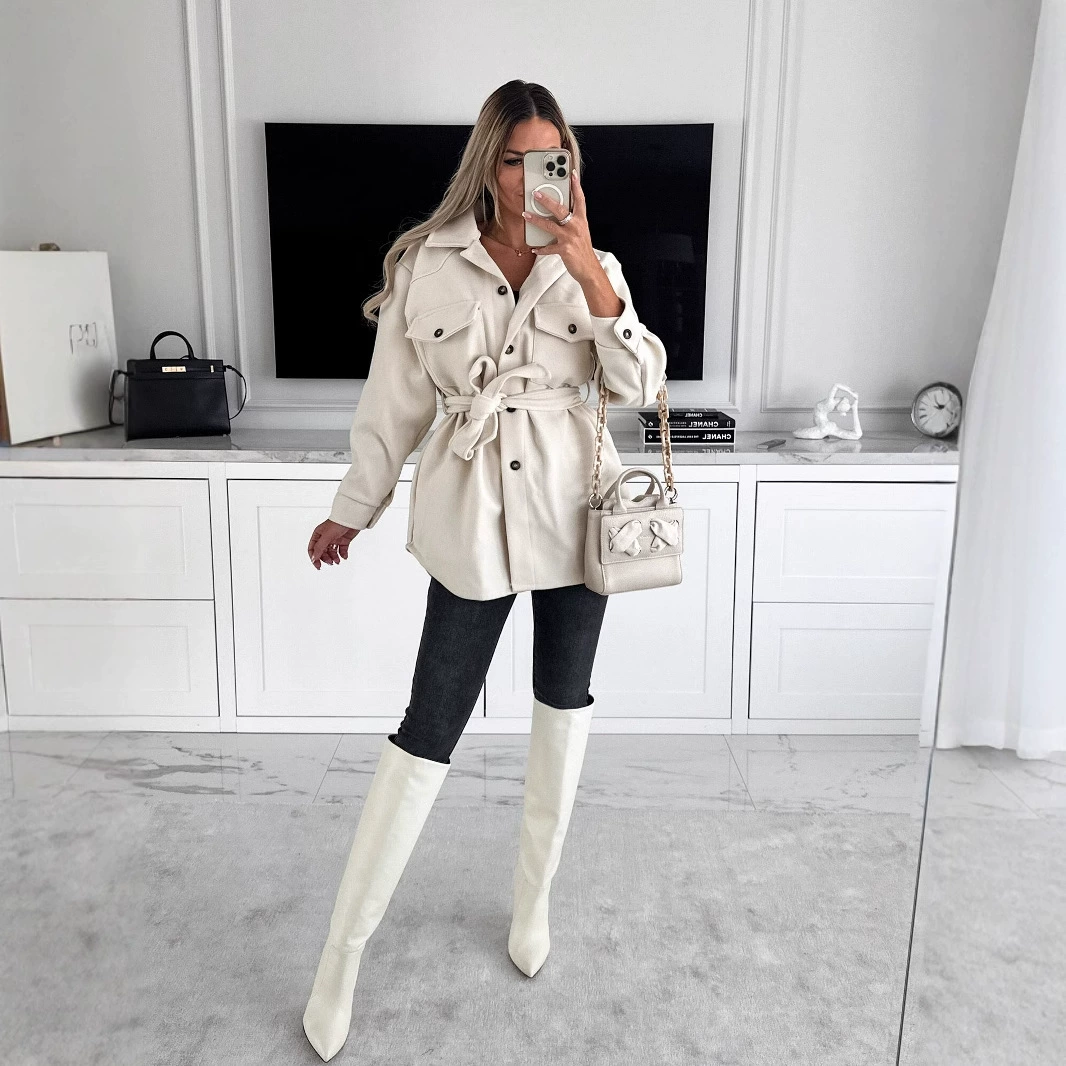 Модное демисезонное шерстяное пальто с длинным рукавом, цветным поясом, ebay, европейский стиль