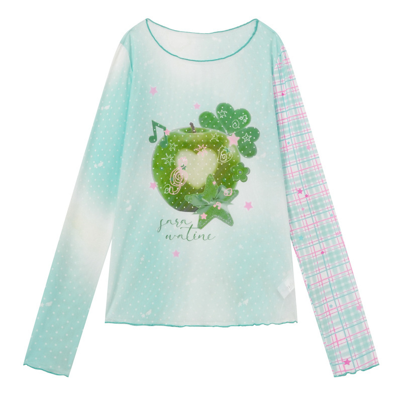 Korean Retro Tie-Dye Large Round Neck Fruit Print Sun Protection Breathable Long-Sleeved T-Shirt for Women Summer Casual Sweet Top Korean Retro Tie-Dye Large Round Neck Fruit Print Sun Protection Breathable Long-Sleeved T-Shirt for Women Summer Casual Sweet Top