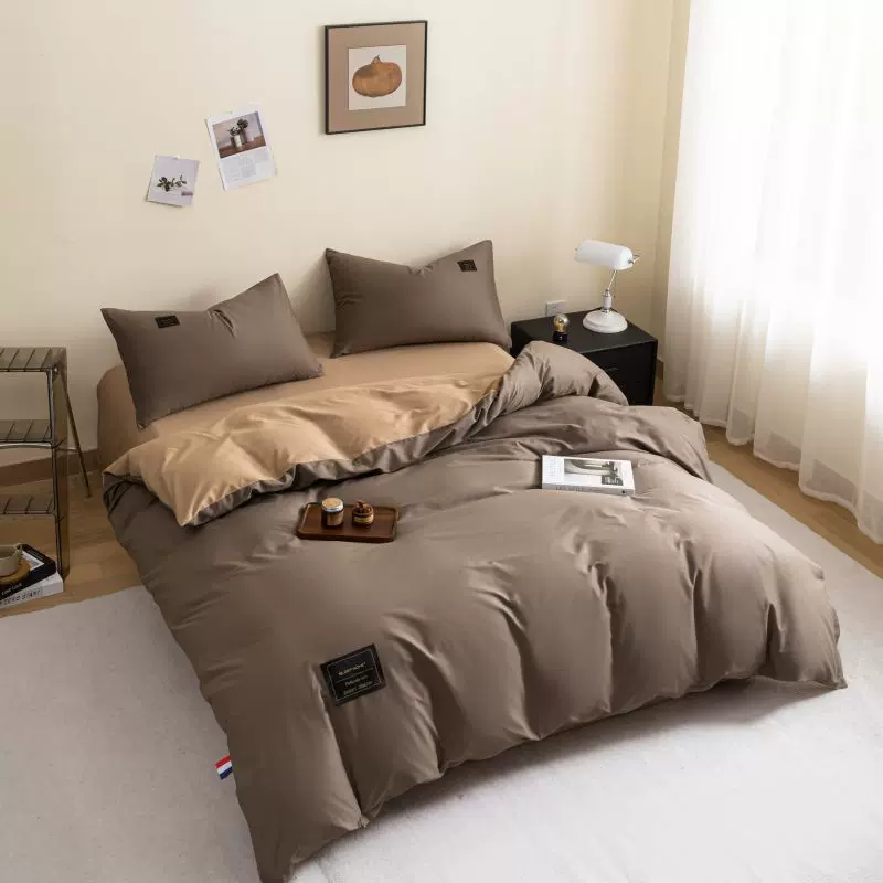 跨境新款90克10A抗菌ins纯色双拼水洗棉超柔床单被套床上四件套