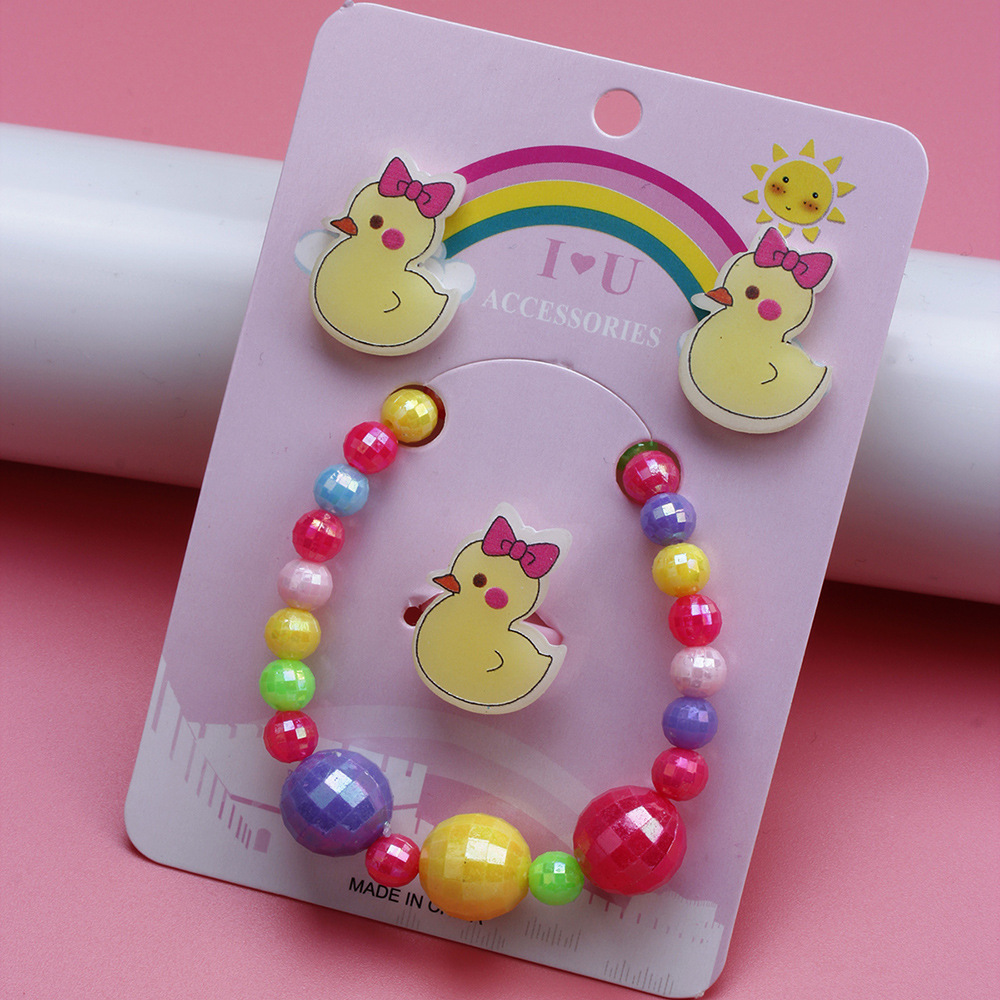 Cute Duck Resin Beaded No Inlaid Rings Bracelets Earrings 3 Piece Set