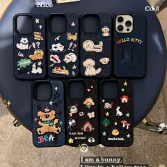 刺繍入り漫画猫 iPhone17promax対応 Apple16携帯ケース15 かわいい14 秋冬 韓国風13