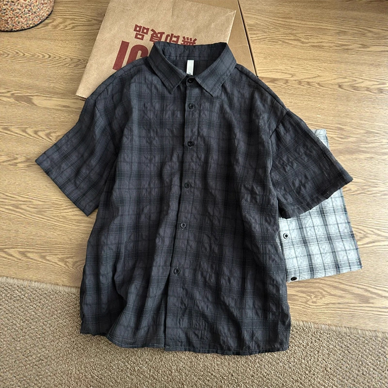 Dark Gray Plaid Short-Sleeved Shirt Men's Summer New American Quick-Drying Cool Shirt Casual Handsome Loose Jacket