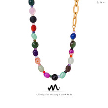 欧美新款复古轻奢高级感天然切面玛瑙手工串珠项链小众设计饰品女