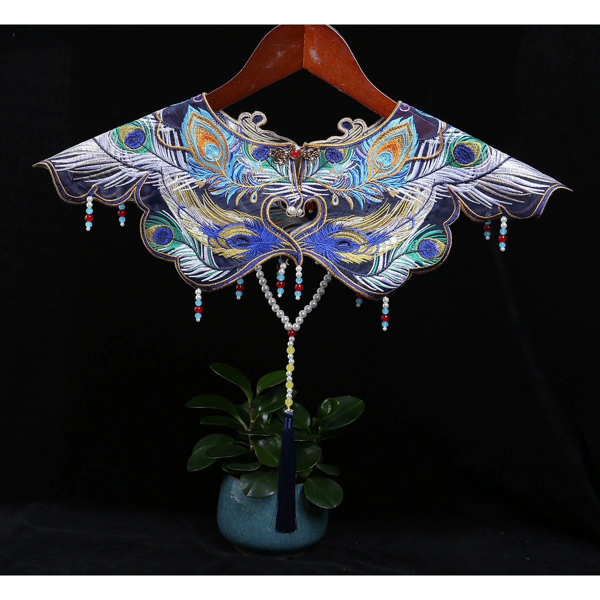 Накидка-шаль Ханьфу для студентов, новая юбка в китайском стиле с вырезом «лошадиная голова», шаль Ханьфу с вышитым фальшивым воротником, синяя накидка-шаль «облако» с перьями павлина.